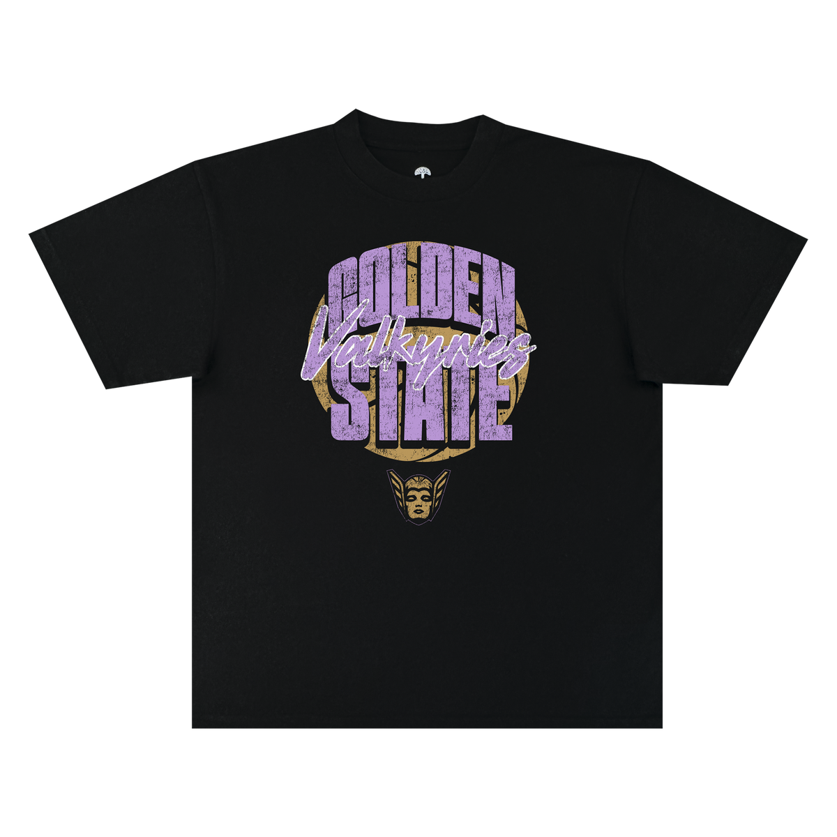The GSV Fade Away Tee by GSV is a black, 100% cotton classic fit t-shirt featuring bold, distressed “Golden State Valkyries” lettering in purple and white. Beneath the text, a stylized golden Valkyrie face with a winged helmet is printed. The shirt is displayed flat on a white background.