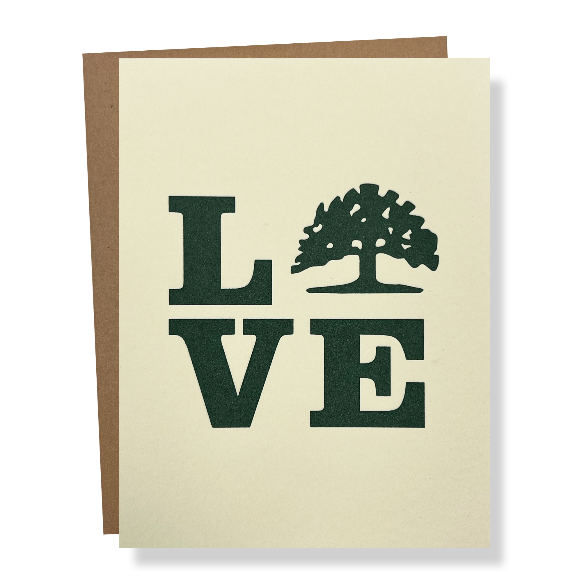 The Love Tree Card by Never Elsewhere features the word "LOVE" in bold, dark green letters on a cream background, with the "O" creatively represented by a tree silhouette. Crafted in Oakland, the card is displayed partially open, showcasing a brown inside flap.