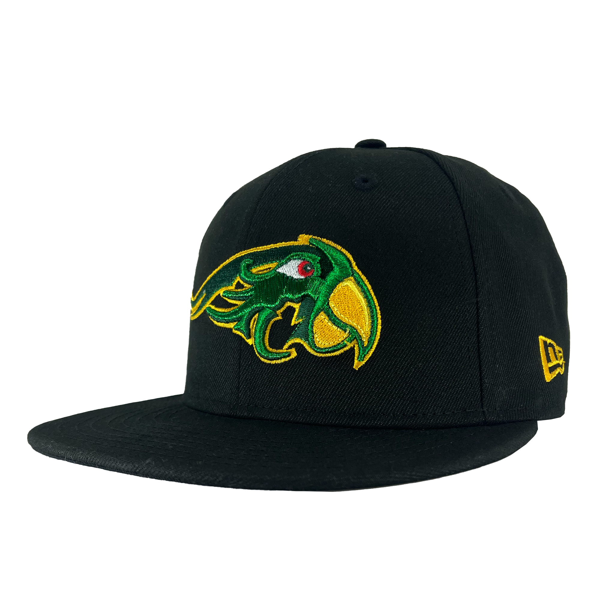 A black flat-brimmed New Era Pericos ALT 59FIFTY Cap from Retail Vendors showcases a vibrant embroidered design of a fierce bird with a green body, yellow beak, and red and white eye on the front. The side features the New Era logo stitched in yellow. The Pericos 59FIFTY fitted cap is angled slightly to display both the front design and the side logo.
