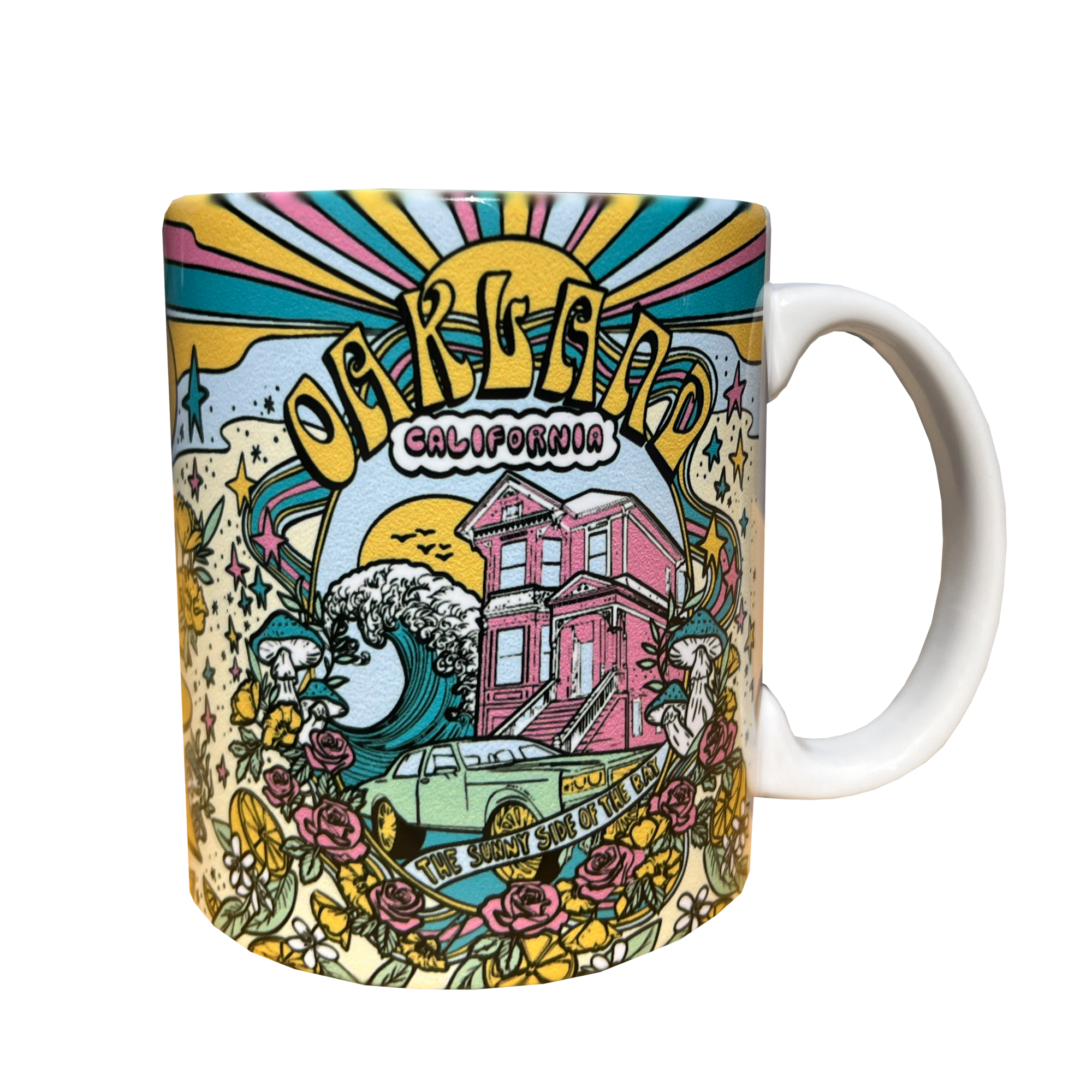 Angle view of Oakland Dream mug with Oakland dream all over print and C handle.