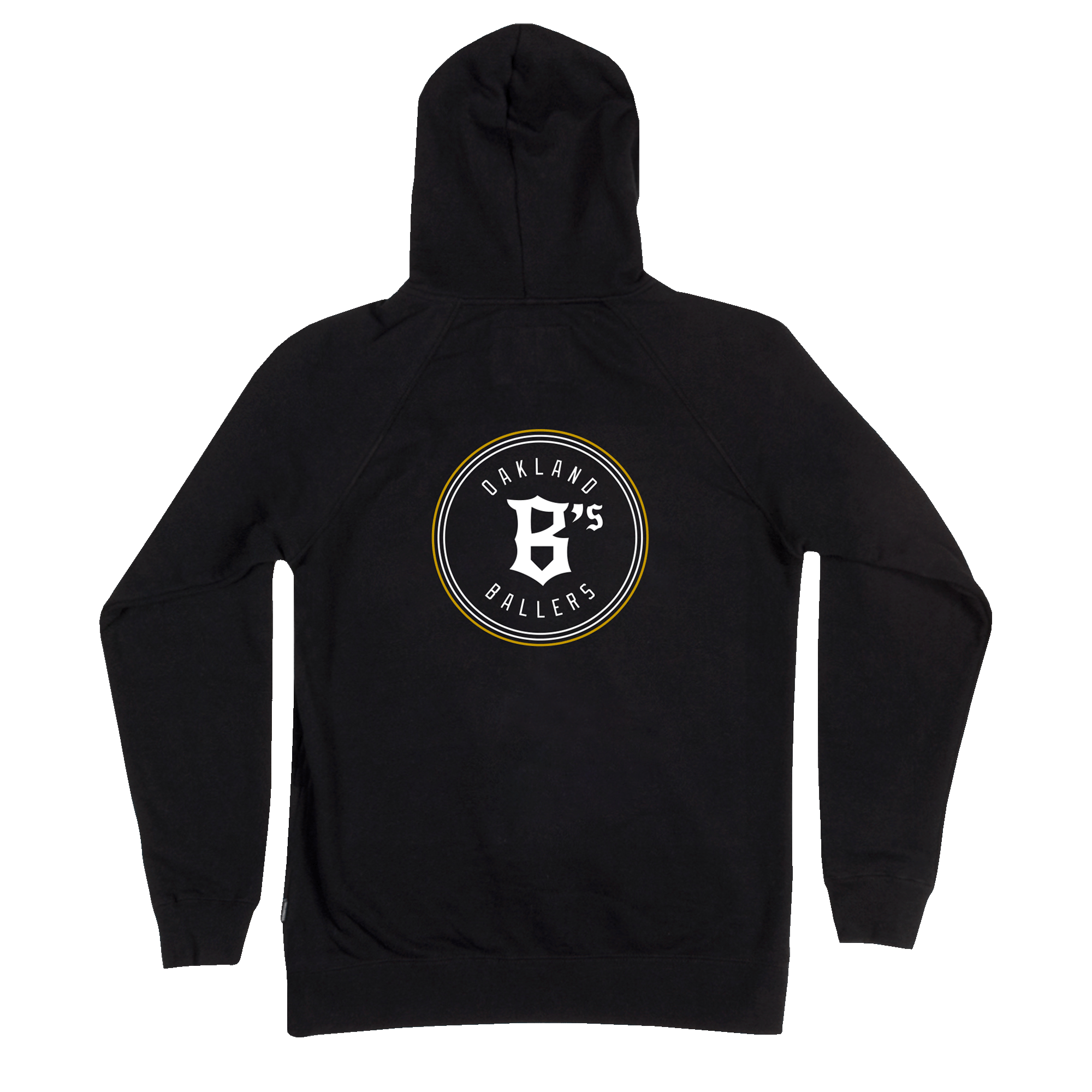 Introducing the Oakland Ballers Logo Zip by Oakland Ballers—a black hooded zip-up sweatshirt featuring a bold circular Oakland Ballers logo on the back, with "OAKLAND BALLERS" text encircling a stylized “B’s” in the center, all in striking white and gold lettering to celebrate Oakland’s newest Pioneer League baseball team.