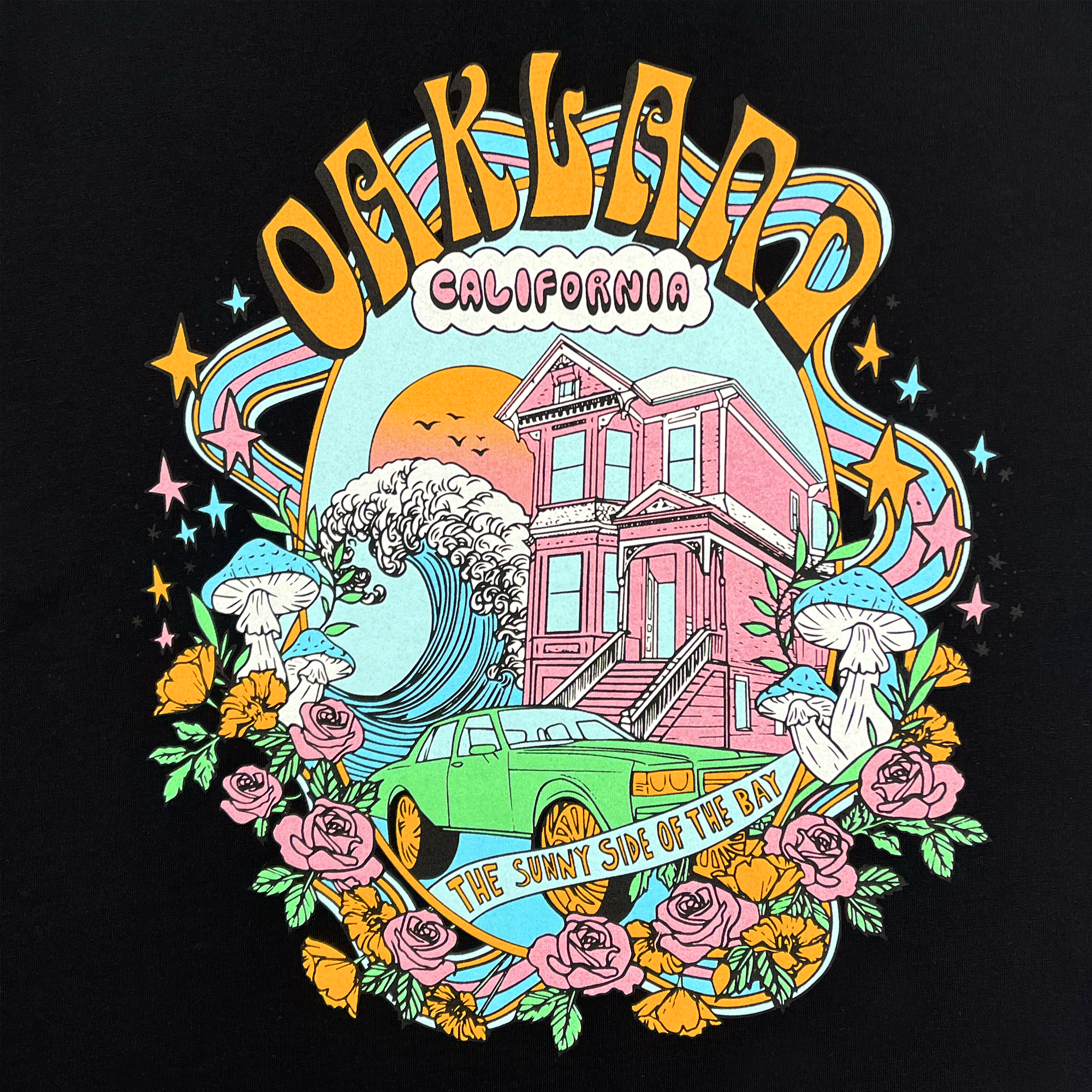 Detail front view of black cotton t-shirt with Oakland dream design.