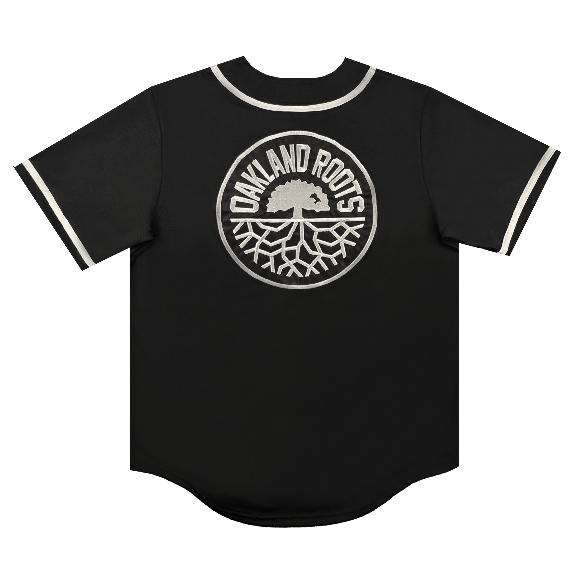Introducing the ORSC Button Up Jersey by Oakland Roots SC—a black short-sleeve jersey accented with white trim on the collar and sleeves. This lifestyle piece proudly showcases a large, white circular Oakland Roots Sports Club logo on the back, featuring an oak tree above stylized roots and surrounded by the text "OAKLAND ROOTS".