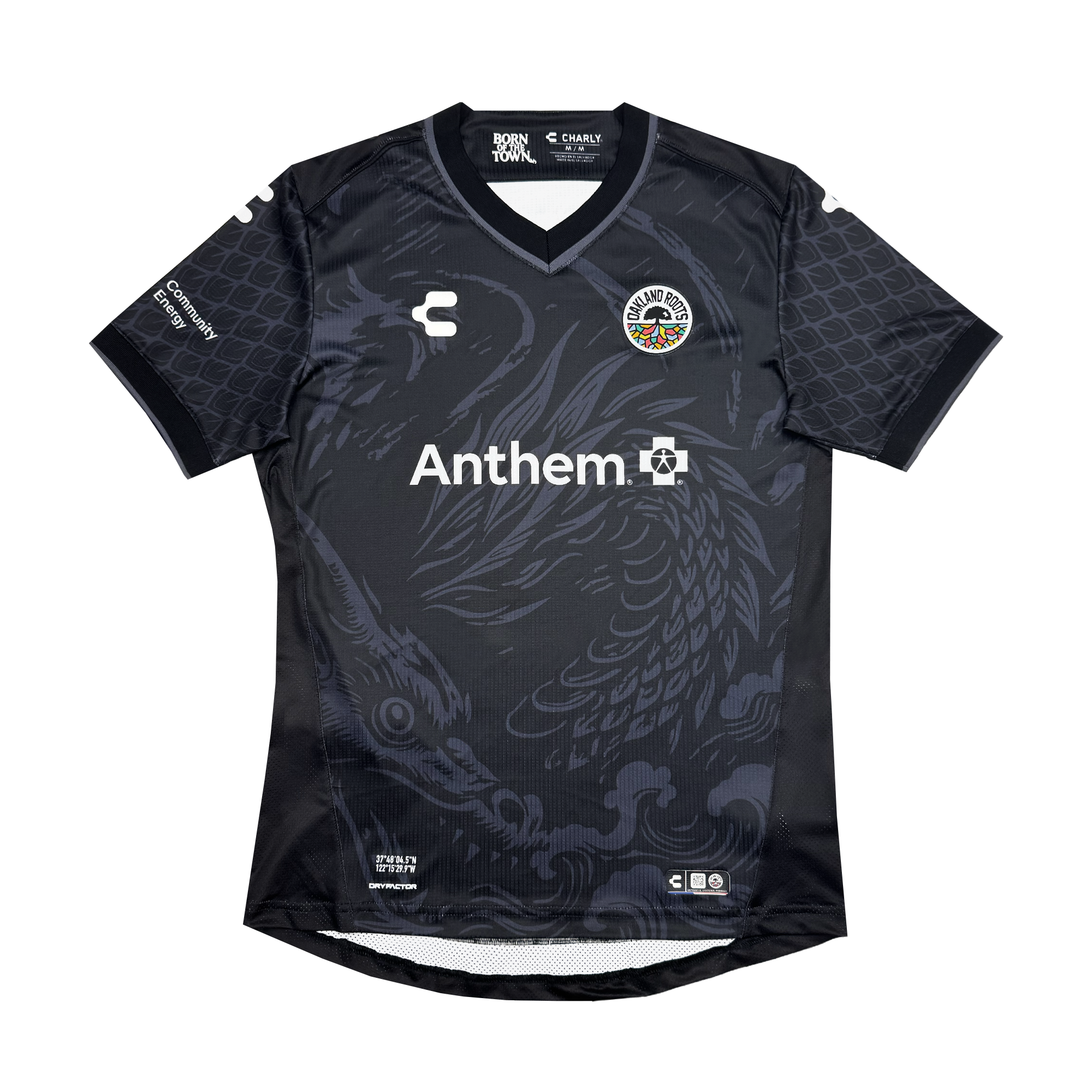 The Custom Unisex Oak-ness Awakens Kit by Oakland Roots SC is a black soccer jersey with a dragon graphic, round collar, Cuervos Negros and Charly logos on the chest, "Anthem" in white, and sponsor logos on both sleeves and above the hem.