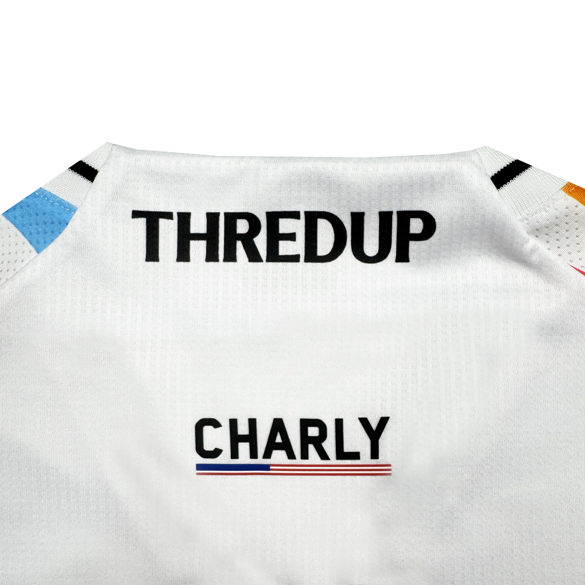 Close-up of the back of a white Oakland Roots SC Custom Unisex Mosaic in Motion Kit showing "THREDUP" in bold black near the collar, "CHARLY" below it, and a small blue-white-red tricolor stripe under "CHARLY.