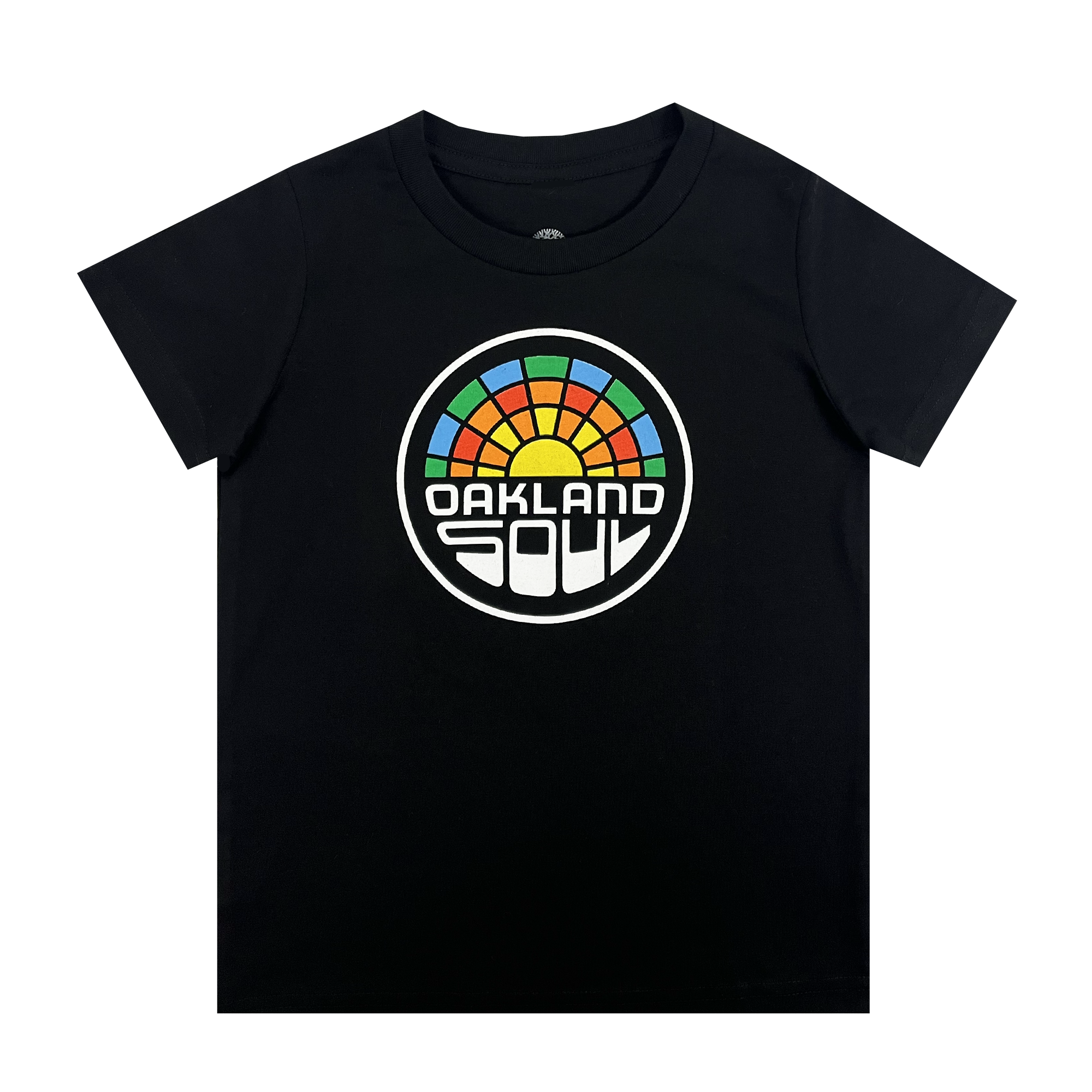 A black Toddler Oakland Soul Logo Tee from Oakland Soul featuring a vibrant, circular logo in the center. The logo has a rainbow-like design with segments in green, blue, red, orange, and purple, resembling a sunset. Below it is bold text reading "OAKLAND" and curved letters spelling "SOUL," representing the Oakland Soul women's soccer team from the USL W-League.