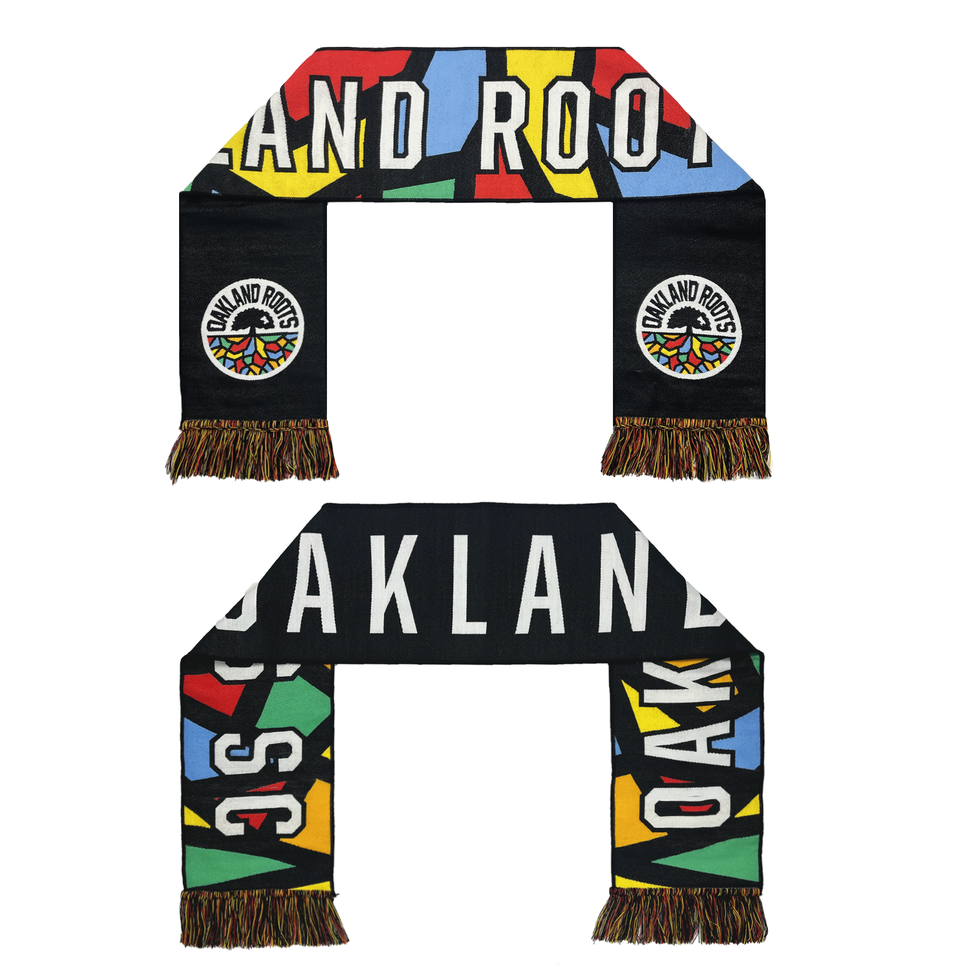 Here's a revised version of the sentence using the given product data: 

Two views of the Oakland Roots SC OG HD Woven Scarf by Oakland Roots SC. One side displays "OAKLAND ROOTS" in white letters with a circular logo showing a tree and the text "OAKLAND ROOTS" below it. The reverse features "OAKLAND" in large white letters with vibrant patterns, celebrating our sports club's commitment to social good.