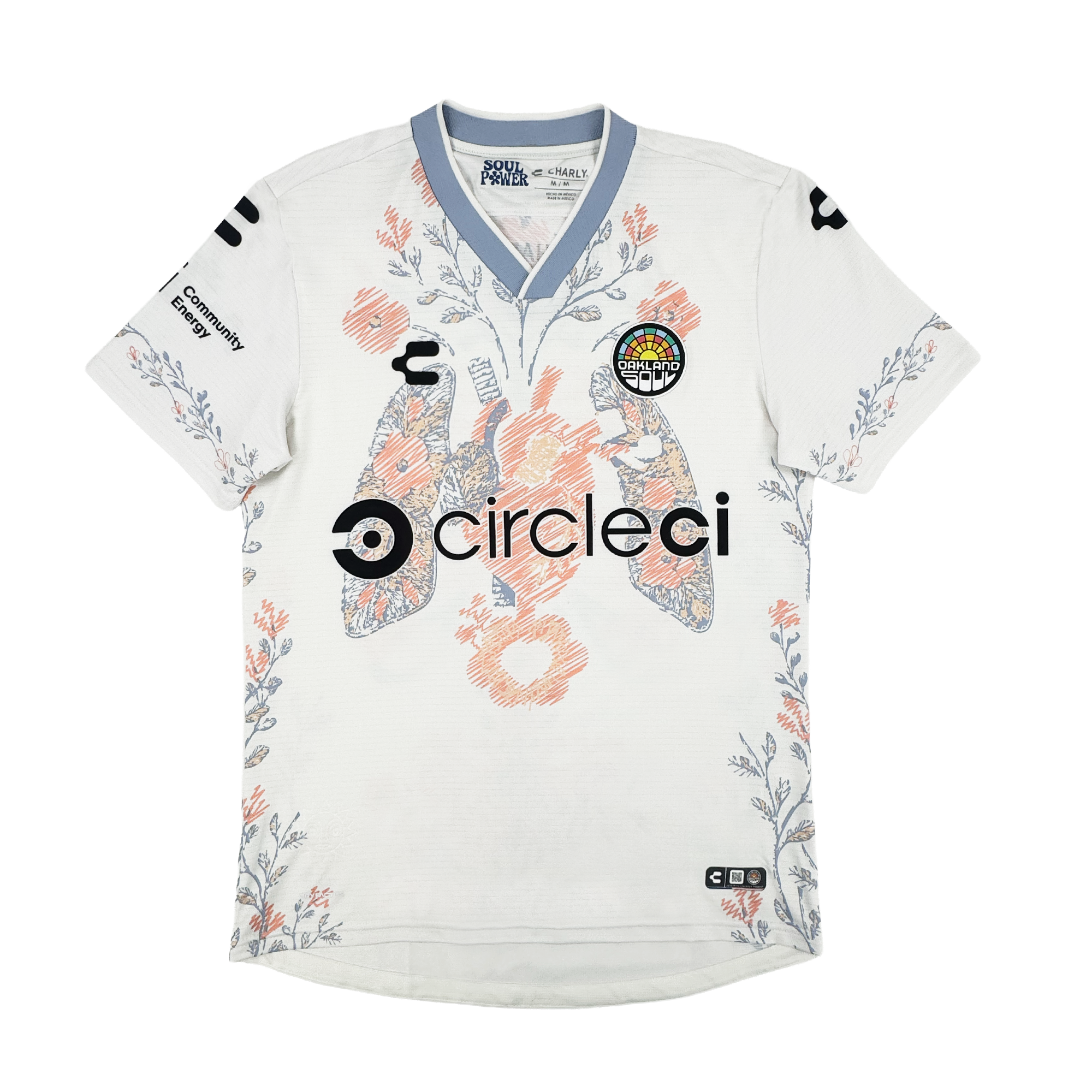 The 2026 OAKLAND SOUL SC FORM JERSEY by Oakland Soul features white high-quality polyester, pastel blue trim, and a pink-blue floral pattern. Two large koi fish and orange flowers decorate the front, with "circleci" logos on chest, sleeves, and collar.