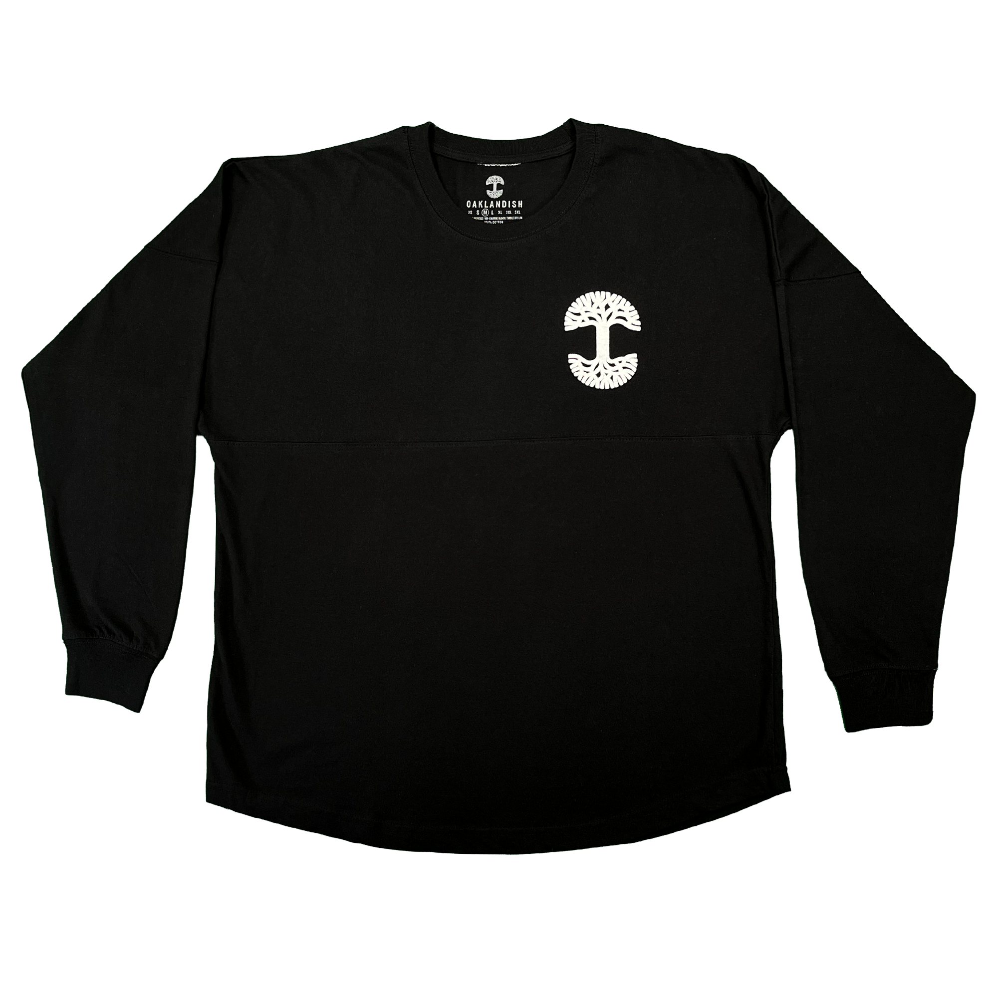 The Temple LS Tee by Oaklandish is a men’s heavy-weight, long sleeve black t-shirt made from 100% cotton, featuring a crewneck design. A small white graphic—depicting a tree with roots and branches forming a circular shape—adorns the left chest. The shirt is displayed laid flat on a plain white background.