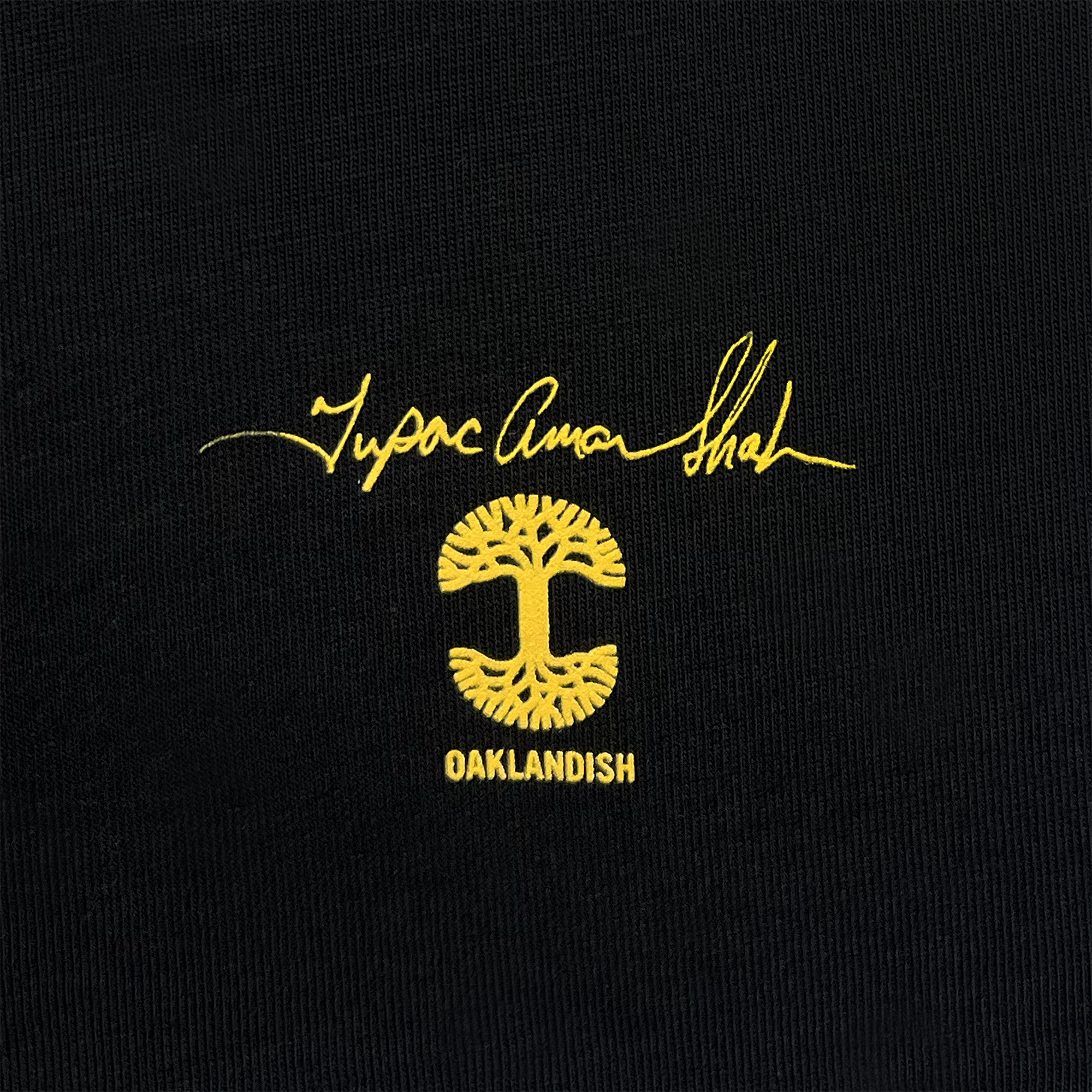 The Against the World Tee by Oaklandish showcases a black fabric backdrop adorned with a yellow embroidered design. At the top, you'll find text in a signature-style reminiscent of Tupac's distinctive flair. Below it, there's a stylized tree logo with roots and branches encircling the letter "C." The word "OAKLANDISH," well-known within hip-hop culture, is prominently displayed in capital letters beneath the tree.