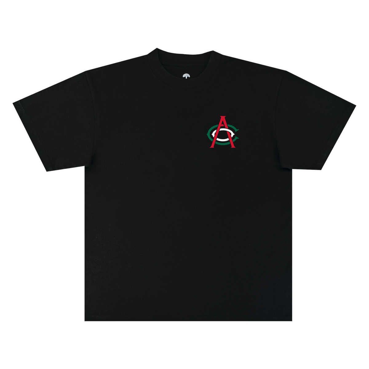 The OAC Viva OAC Tee is a black, short-sleeve classic fit t-shirt crafted from heavyweight cotton. It features a subtle design on the left chest: a small red “A” overlapping a green “C” inside a white oval—a nod to the Oakland Athletic Club—set against an otherwise plain black background, with no additional graphics or text.